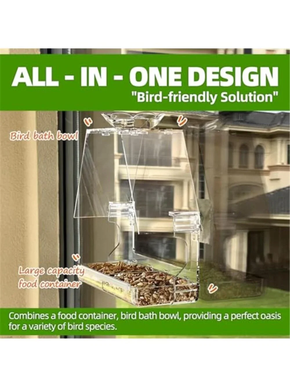 New Window Bird Feeder with Non-Marking Self-Adhesive Hooks, Clear and